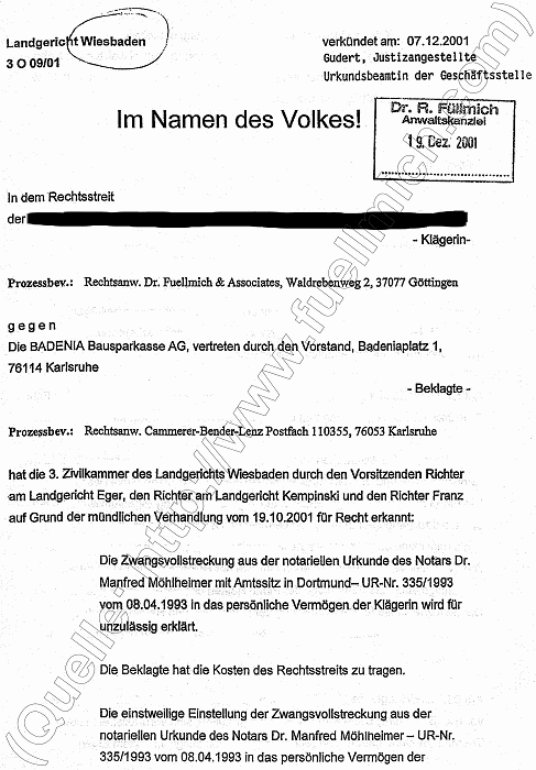 Gerichtsurteil des Landgericht Wiesbaden Aktenzeichen 3 O 09/01 gegen die Badenia Bausparkasse AG, Seite 1