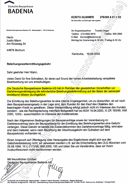 Schreiben der Badenia vom 18.09.2002 zur Beleihungswertermittlung