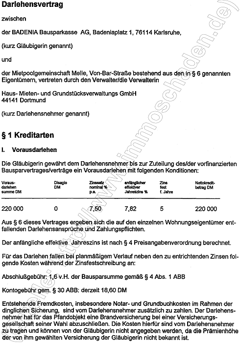 HMG Mietpool Melle, Badenia Darlehensvertrag 1995: Von-Bar-Straße, Seite 1