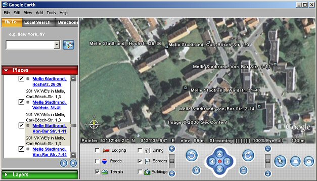Screenshot: Google Earth mit sicht auf Heinen & Biege Verkaufswohnungen in Melle Stadtrand aus 413 Meter Hhe: Carl-Bsch-Str. 1,3, Hochstr. 26,28,30,32,34,36, Waldstr. 31,33,35,37,39,41, Von-Bar-Str. 1-11, 2-14 