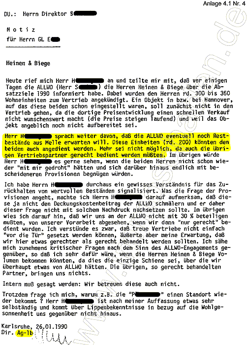 Anlage 4.1 Nr. 4 aus dem BaFin-Bericht, Notiz vom Ehm. Badenia Finanzvorstand Agostini vom 26.01.1990, ALLWO bekommt eventuell Restbest&auml;nde aus Melle.