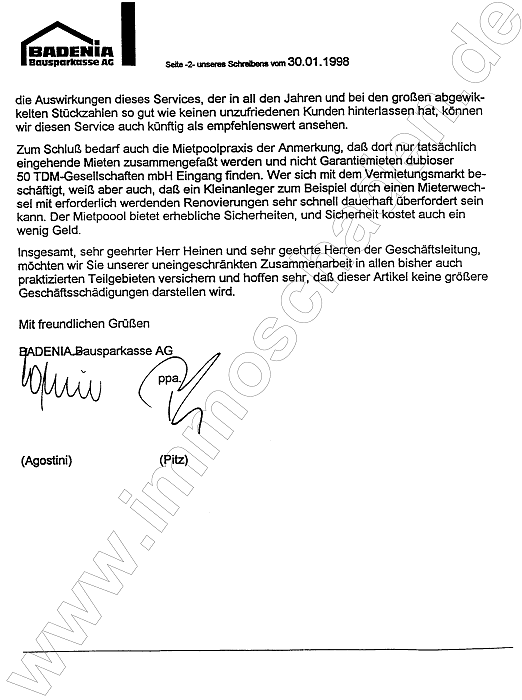 Reaktion der Badenia zum Finanztest Artikel 02/1998, Seite 2
