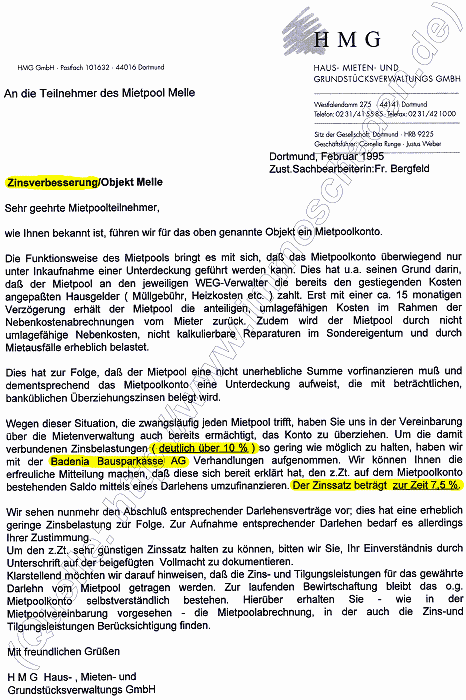 Schreiben der HMG an den Mietpool Melle in Feburar 1995: Zinsverbesserung!