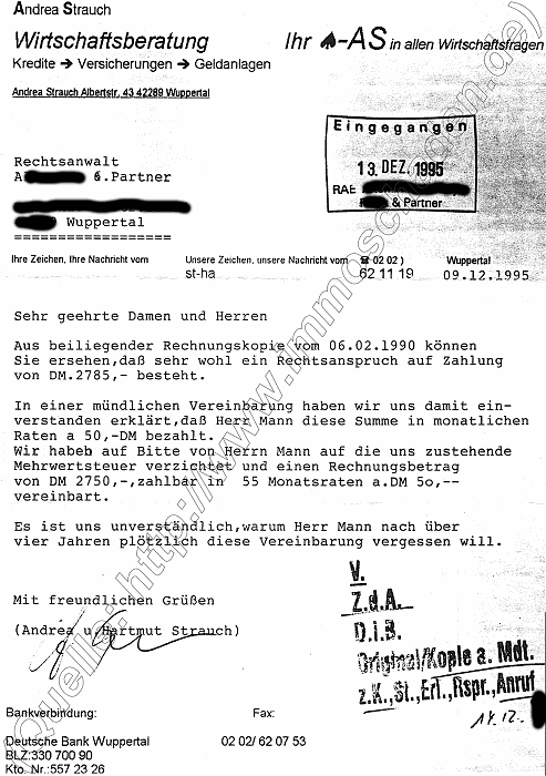 Antwort auf schreiben des RA vom Vermittler Andrea Strauch &amp; H&aring;rtm&ucirc;t Strauch (geb. Nutic), Wuppertal