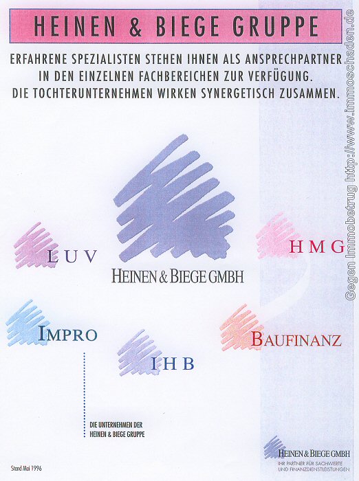 Verkaufsargumente von Heinen & Biege. Aus der Verkaufsmappe vom Mai 1996, Seite 1