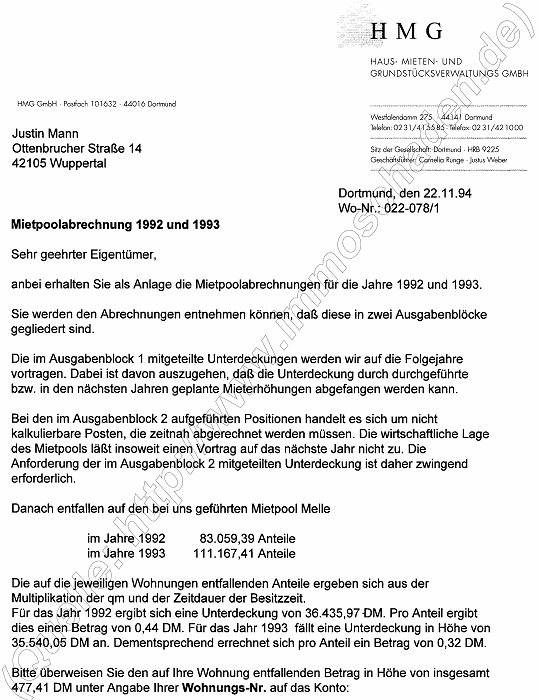  HMG Schreiben HMG vom 22.11.1994 Mietpoolabrechnung 1992 und 1993, Seite 1