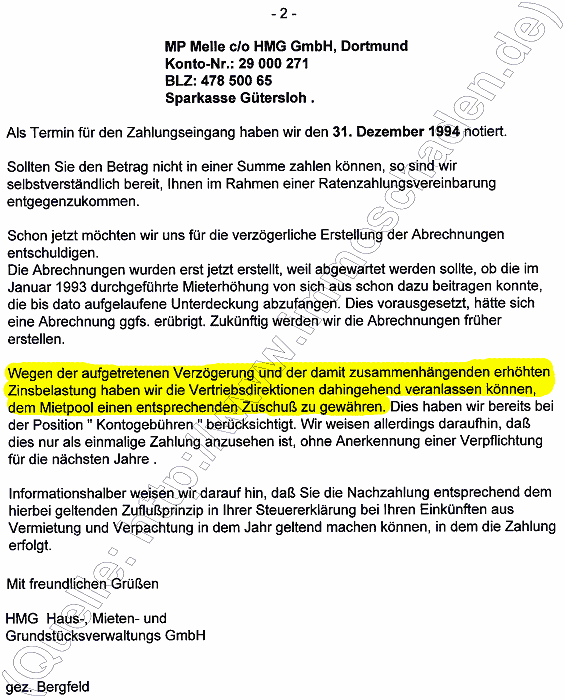  HMG Schreiben HMG vom 22.11.1994 Mietpoolabrechnung 1992 und 1993, Seite 2