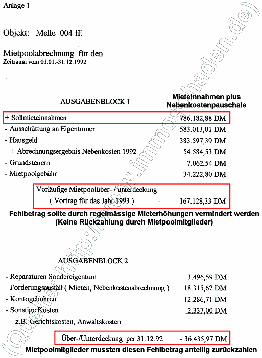 HMG Mietpoolabrechnung für den Zeitraum 01.01.-31.12.1992