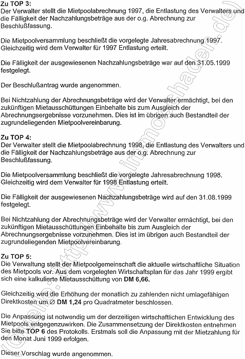 HMG Protokoll &uuml;ber die Mietpoolversammlung vom 14.06.1999, Seite 2