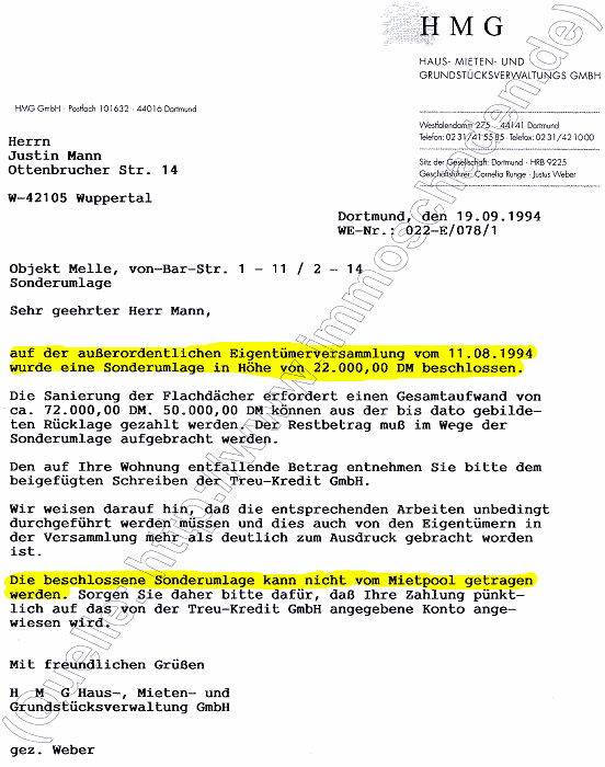 HMG Schreiben HMG vom 19.09.1994 Sonderumlage Flachd&auml;cher