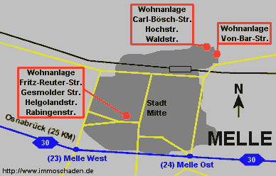 Umgebungskarte mit den Wohnanlagen des Mietpool Melle